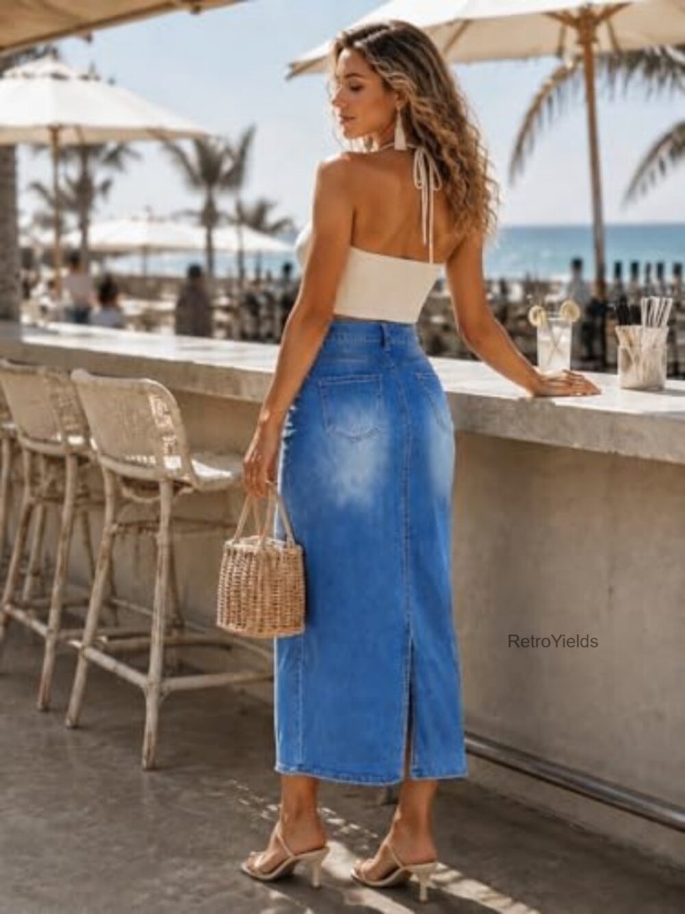 High Waisted Long Denim Skirt Stretch Back Slit Distressed Whisker Wash Midi - Picture 5 of 6